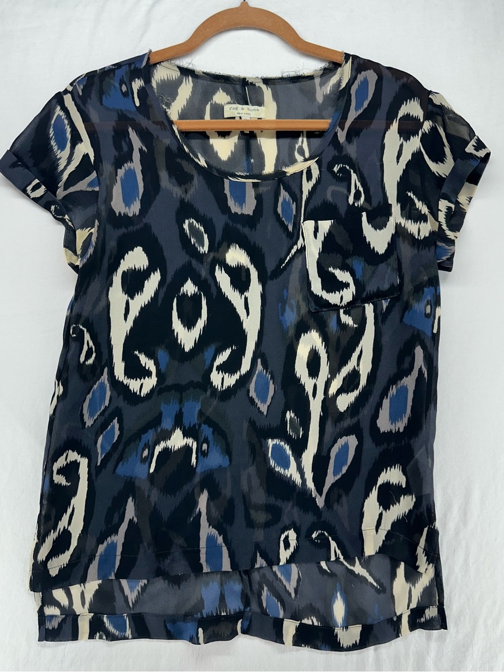 RAG & BONE Mithi Silk Ikat Print Short Sleeve Top Blouse Blue Size XS FLAW